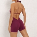 Women's backless yoga jumpsuit in deep purple with scrunch butt lifting design - S / Set / Purple