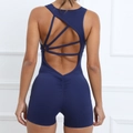 Navy blue ruched yoga romper with cross-strap open back and quick-dry stretch fabric - Navy Blue