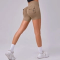 Women high waist yoga shorts in khaki with cargo pockets and scrunch butt detail - Cocoa Brown
