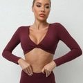 Dames bordeaux yoga top met lange mouwen, gedraaide knoop aan de voorkant en V-hals - S / Bordeauxrood