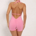 Pink halter backless yoga bodysuit with ruched peach butt lifting design for women - L / Top And Bottom / Baby Pink