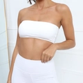 Minimalist white yoga set featuring strapless bandeau top and high-waisted leggings - S / White