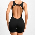 Women's backless black yoga jumpsuit with hollow back design and slim fit training shorts - S / Black
