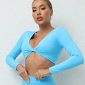 Lichtblauwe yoga crop top met lange mouwen en diepe V-hals met knoop voor fitness - S / Vlamblauw