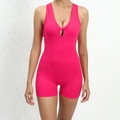 Slim fit hot pink ribbed yoga romper with front twist cutout and V-neckline style - Rose Red