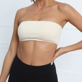 Beige strapless yoga sports bra in ribbed fabric with high elastic band for women - S / Beige