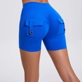Bright blue high waist scrunch butt yoga shorts with cargo pockets and button detail - Klein Blue