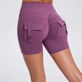 High waist mauve scrunch butt yoga shorts with functional side button cargo pockets - Dark Purple