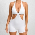 White one-piece cut-out yoga jumpsuit with halter neck and twisted front detail - S / White