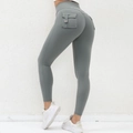 Graugrüne High Waist Yoga Leggings mit Cargotaschen und Scrunch Butt Lifting Effekt - Bambusgrün
