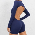 Slim fit backless navy blue yoga jumpsuit with long sleeves and open back design - Navy Blue