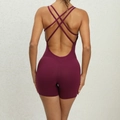 Slim fit burgundy crisscross backless sports bodysuit for yoga and gym activities - Purple