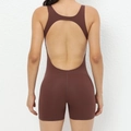 Dark coffee backless one-piece yoga jumpsuit with racerback and boy-short design - S / Coffee