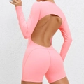 Pink backless long sleeve yoga bodysuit featuring high elasticity and a slim fit - Wild Peach