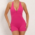 Hot pink halter neck one-piece yoga jumpsuit with deep V-neck and bodycon fit - Rose Red