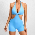 Light blue halter one-piece yoga bodysuit with waist hollow-out and pleated details - S / Flame Blue
