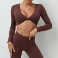 Chocolate brown twist front long sleeve yoga top and high waist leggings for women - S / Coffee