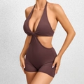 Chocolate brown one-piece cutout yoga jumpsuit with halter neck and side waist cutouts - Coffee