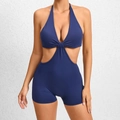 Dark blue halter neck yoga jumpsuit with side cutouts and high elasticity fabric - Navy Blue