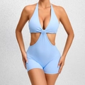 Light blue halter neck cut-out one-piece yoga bodysuit with stretchy fitness fabric - Sky Blue