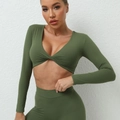 Ensemble de yoga vert olive avec crop top à manches longues noué et legging assorti - Vert Militaire