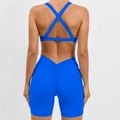 Bright blue yoga set with cross-back sports bra and ruched high waist gym shorts - S / Top And Bottom / Sapphire Blue