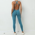 Blue textured scrunch butt yoga jumpsuit with cross back straps and open back design - Sea Blue