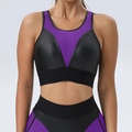 Women's tight yoga set with black and purple mesh patchwork sports bra and leggings - S / Tops / Purple