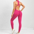 Slim fit rose red yoga jumpsuit featuring an open back design and ruched butt lifting detail - S / Rose Red
