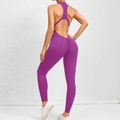 Purple one-piece yoga jumpsuit with racerback cut and scrunch butt lifting detail - S / Purple