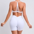 White quick-dry yoga set with criss-cross back sports bra and scrunch butt gym shorts - White