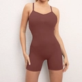 Bodysuit a costine marrone da donna con spalline sottili e scollo a V per fitness - Cioccolato