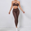 Women's dark brown cross back yoga set including sports bra and high waist leggings - S / Coffee
