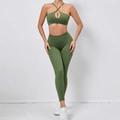 Olive green two-piece yoga set with criss-cross sports bra and high-waisted leggings - S / Army Green