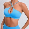 Reggiseno sportivo blu acceso con incrocio sul retro, allacciatura al collo e oblò - S / Blu Fiamma