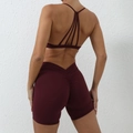 Quick-dry burgundy yoga set with cross back sports bra and high waist lifting shorts - Burgundy