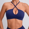 Reggiseno sportivo blu scuro con scollo all'americana incrociato e taglio a goccia - S / Blu navy