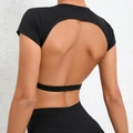 Slim fit black open back yoga shirt with high-stretch fabric for women's fitness - S / Black