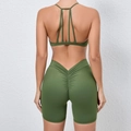 Olive green quick-dry yoga set with strappy sports bra and scrunch butt gym shorts - Army Green