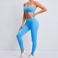 Two-piece sky blue yoga set featuring a cross-back sports bra and high-waist leggings - S / Flame Blue