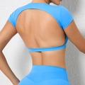 Slim fit bright blue yoga set with short sleeves and a stylish open back cutout - S / Flame Blue
