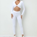 Ensemble de yoga blanc avec haut court noué à manches longues et legging taille haute - Blanc