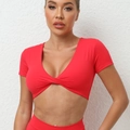 Red V-neck twist front crop top yoga shirt made of elastic quick-dry sport fabric - S / Tops / Red