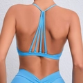 Sky blue yoga set featuring a multi-strap Y-back sports bra and V-waist leggings - S / Flame Blue