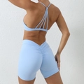 Light blue high waist yoga set with ruched shorts and cross-back sports bra for women - Light Blue