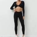 Ensemble de yoga noir pour femme avec haut noué à manches longues et legging taille haute - Noir