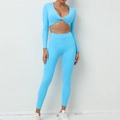 Light blue two-piece yoga set featuring long sleeve V-neck top and high waist leggings - S / Flame Blue
