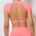 Women's quick-dry neon pink short sleeve yoga top with backless cutout design - Wild Peach