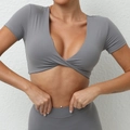 Gray yoga set with twist front V-neck crop top and high-waisted leggings for fitness - S / Tops / Dark Gray