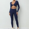 Dark blue long sleeve yoga set featuring twist-front crop top and high waist leggings - S / Navy Blue